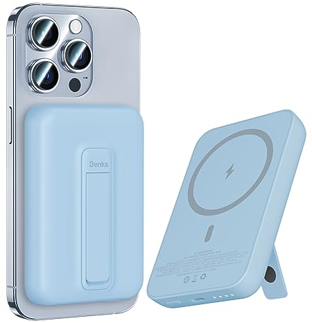 BENKS Magsafe Powerbank 6000mAh, Magnetische Kabellose Powerbank mit Faltbarem Ständer, Mini Power Bank Akku mit USB C Kabel, Externe MagSafe Batterie für iPhone 15/14/13/12 Serie, Blau