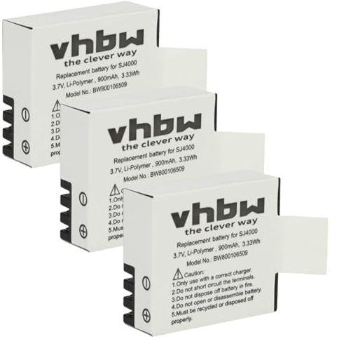 3 x vhbw Li-Ion Akku Set 900mAh (3.7V) kompatibel mit Camcorder, Videokamera, Sportkamera EKEN H8, H8 Pro, H8R, H9, H9R