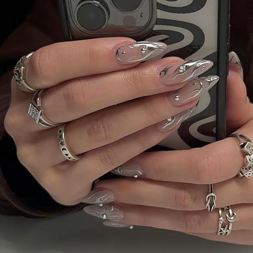 Sethexy Long Almond Press On Nails Stiletto Glossy Fake Nails Silver Line Metallic False Nails for Women and Girls 24PCS (3)