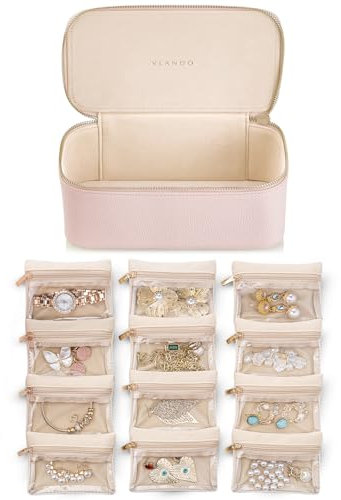 Vlando Travel Jewellery Organiser,PU Leather Jewellery Box with 12 Velvet Jewellery Pouch, Jewellery Case for Necklace,Ring, Gifts for Women, Pink-L