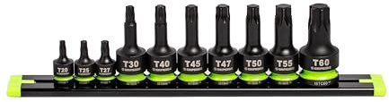 Gripedge-Werkzeuge, 10-teiliges Schlag-R.P.T. Stern-Treiber-Set, Größen T20 - T60, 1/4 Zoll - 3/8 Zoll - 1/2 Zoll Antrieb, hergestellt aus Cr-Mo-Stahl, inkl. Premium-Aluminium-Stecknussschiene