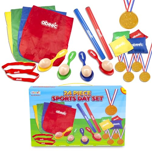 abeec Sports Day Kit - Garden Games - Kids Party Games & Outdoor Games Set - Including: Sack Race Sacks, Eggs, Spoons, Beanbags, Relay Batons, Three Legged Race Straps & Winners Medals - Garden Games
