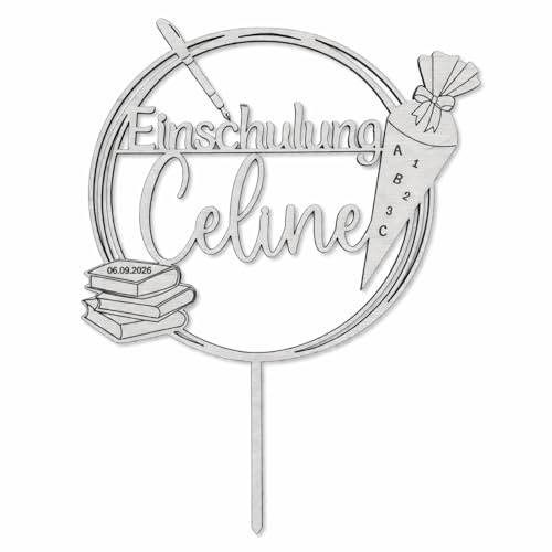 Birdart Box Tortenstecker zur Einschulung mit Namen – personalisierter Tortenstecker aus umweltfreundlichem Holz, stabiler Cake Topper 15cm Durchmesser (Silber, Variation2)