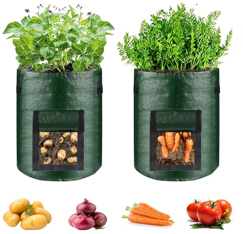 LUKDUNG 2 Stück Kartoffel Pflanzsack, 10 Gallonen Gemüse Tomatenpflanzen Pflanzsäck, mit Griffen und Sichtfenster, Pflanzsack für Kartoffeln, Tomaten, Blumen