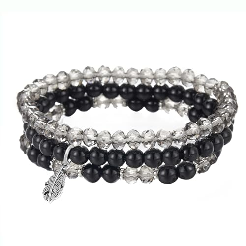 GoPaw Perlenarmband Stretch Boho Armband für Frauen - Kristall Mehrschichtiges Damen Armband für Geburtstage (Schwarz)