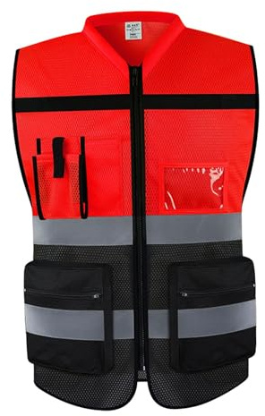 perfk Warnweste Warnweste Arbeitskleidung zum Spazierengehen Wandern im Freien, Rot Schwarz 2XL