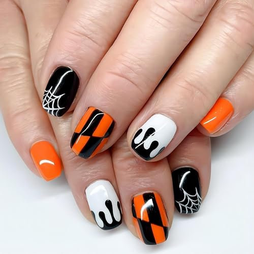 Halloween Nails - 24PCS Short/Long False Nails With Glue, Almond/Coffin/Stiletto Shapes, Black/Red/Pink/Orange Press On Nails for Women and Girls (Orange5, S)