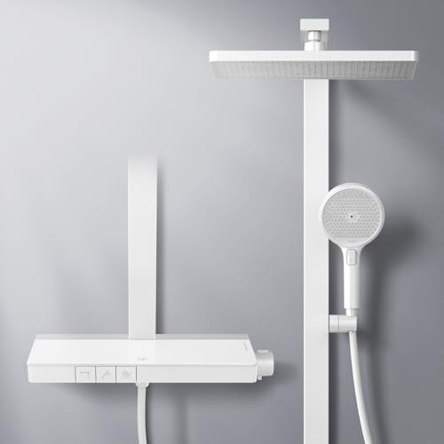 EMKE Thermostatisches Duschsystem, Regendusche mit Handbrause 4-in-1, Duschstange mit 40 cm Thermostatplatte, Regendusche Thermostat, Weiß Matt