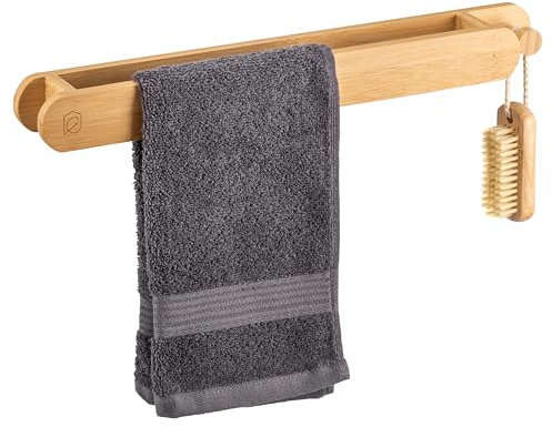 eluno Handtuchhalter mit extra Haken aus Bambus im natürlichen Design, Handtuchstange einsetzbar für Küche und Bad, passend für Handtücher, Gästetücher und Küchentücher, zum Kleben oder zum Bohren