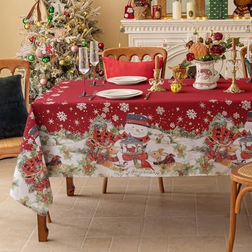 Romanstile Tischdecke Weihnachten 140x240 cm abwaschbar in Rot Schneemann Wasserabweisende Tischdecken,Tischtuch, Festliche Deko für Esstisch,Esszimmer,Party,Feste,Feiern,Abendessen,Neujahr,Silvester