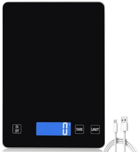 Küchenwaage Digital, 15kg/1g Waage Küchenwaage, USB Wiederaufladbare Digital Küchenwage mit Led Display und Tara Funktion, Lebensmittelwaage mit gehärtetem Glasboden zum Backen und Kochen, Messen