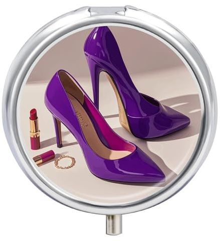 Runder tragbarer Pillenspender, wunderschöne, elegante violette High Heels mit Lippenstift, bedruckt, Reise-Medikamenten-Organizer, 3 Fächer, Medikamenten-Aufbewahrungsbox mit Spiegel