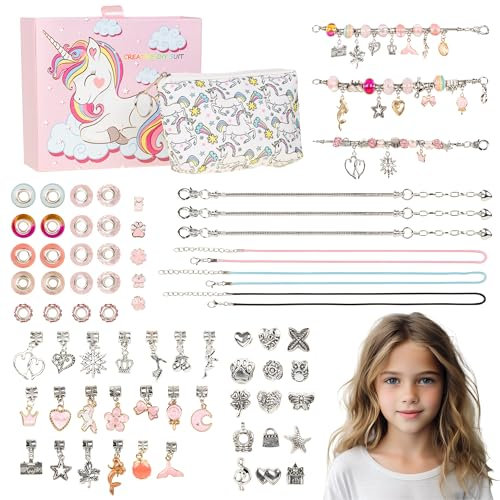 Kit Unicorno Crea Braccialetti Bambina, Set Fai da Te con 68 Pezzi, Perline, Charms e Pendenti, Gioielli Creativi con Box e Pochette Regalo, Idea Regalo Perfetta per Bambine 6-12 Anni