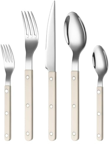 Khen Cutlery Set of 20, 18/8 Stainless Steel Flatware, Modern Silverware for Home, Kitchen, Dining & Table Setting for 4 – Stainless Steel, Hand Wash, Lightweight & Ergonomic Design Gift - Cream