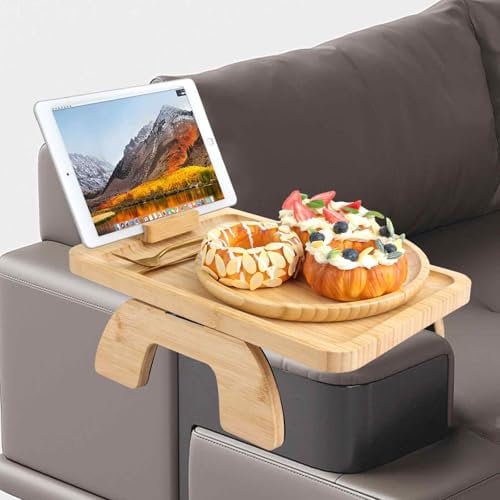 LOLYSIC Sofa Arm Tray, Foldable Couch Armrest Tray with Rotating Phone Holder, Rectangular Armchair Trays with Clip On Design, Bamboo Arm Table for Sofa Laptop Remote Control Drinks Snack