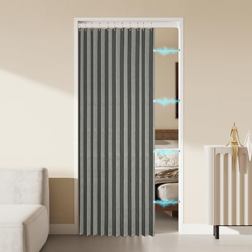 Eushdiid Closet Door Curtains Linen Pleated Folding Magnetic Patio Door Curtains Tiebacks Accordion Room Divider Sliding Glass Door Blinds for Doorways French Closet for Open Closet 25x40 Grey