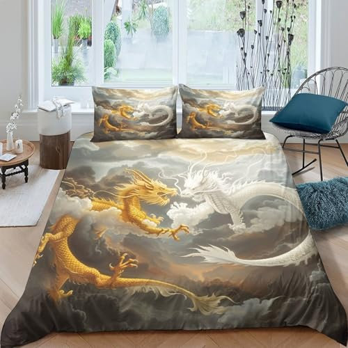 Xiputvl Dragon Bettbezug Bettwäsche Kinderbettwäsche-Set Reißverschluss Mit Kissenbezügen Betten Set Für Jungen Und Mädchen, Kinder King（220x240cm）