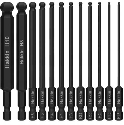 Ball End Allen Key Bit Set Hakkin 12Pcs 100mm Metric Ball End Hex Bits 1/4” Shank S2 Steel hex Head Allen Wrench Set hex Key H1.5-H10 for Furniture Assembly