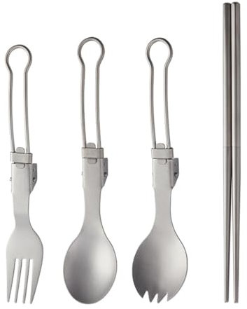 Qsvbeeqj Juego de cubiertos de camping, tenedor, cuchara, palillo, vajilla de metal, utensilios plegables para picnics al aire libre, senderismo