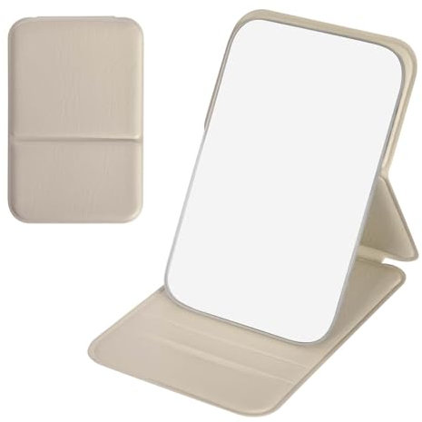 Miroir de voyage, pliable avec coque corticale, miroir de poche, miroir de maquillage pour enfants, petit miroir portable Super HD, ultra fin et durable, pour la maison, l'utilisation en voyage (beige