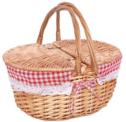 Handgewebter Picknickkorb aus Weidengeflecht mit Deckel und Griff, Stabiler Rattan-Aufbewahrungskorb mit Innenfutter, Aufbewahrungskorb aus Weidengeflecht für Outdoor-Camping, (B)