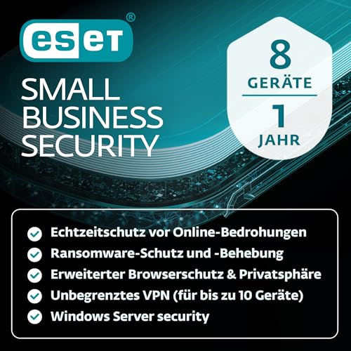 ESET Small Business Security | 8 devices | 1 year | Antivirus, Safe Banking, Safe Browsing, Ransomware-Behebung, VPN, Secure Data, Safe Server | Activation key by email