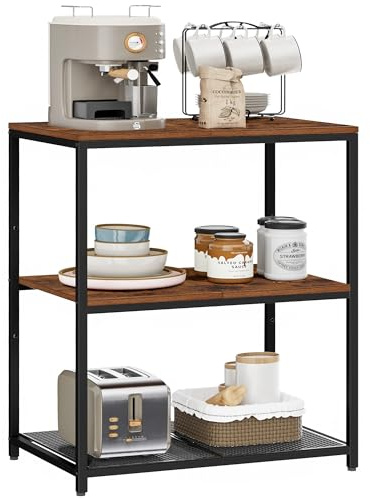 Homleke Kitchen Island with 3 Shelves, Kitchen Shelf with Large Workstation, Bakers Rack, Workbench, Metal Frame, Rustic Brown and Black