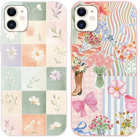 Yoedge 2 Stück Handyhülle für iPhone 12 / iPhone 12 Pro Hülle, Aesthetic Collage Hibiskus Blumen Muster Schleifen Bunt Design Frauen Mädchen, Schlanke Silikon Flexible Schutzhülle für iPhone 12 6,1