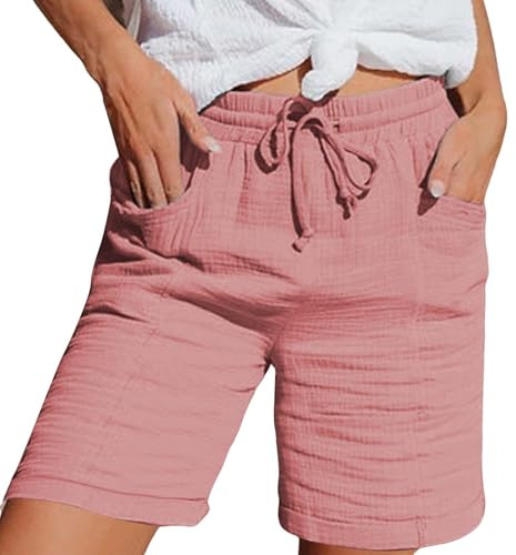 Pantaloncini Donna Estivi Lino Cotone Pantaloni Corti Leggeri Traspirante Comodi Bermuda Tinta Unita Casual Shorts Donna con Coulisse e Tasche Short da Spiaggia (Pink, L)