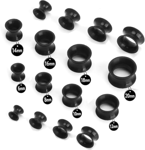 YSHODGU 16 Stück Weich Silikon Ohr Tunnel, Body Piercing Expander, Ohrdehner Plug Piercing Expander Set, 8 Spezifikationsgrößen, Sicher und Flexibel Tunnel Ohr für Frauen & Männer (Schwarz)
