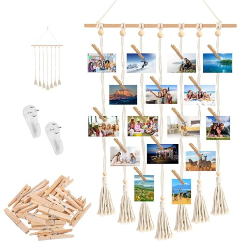Cornici Foto Multiple Parete con 30 Clip Legno, Corde Regolabili e 2 Chiodi Senza LasciareTraccia, Portafoto Stile Bohémien per Decorazioni DIY Corridoio, Camera Letto, Salotto & Dormitorio Studenti