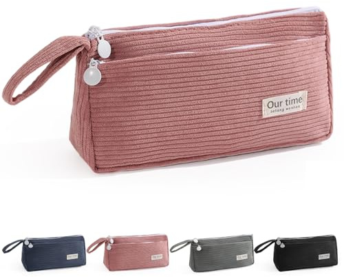 Fiohiros Corduroy Pencil Case for Girls, Big Capacity Macarons 2-Layer Smooth Zipper Pencil Case with Handle for Teen Girls College