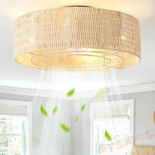 QYSMGS Boho Caged Ceiling Fan with Lights and Remote Flush Mount Low Profile Rattan Ceiling Fans with Lights 6 Speeds for Bedroom Nursery Living Room