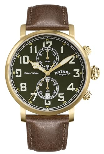 Rotary Men's Heritage Pilot 100M Water Resistance Gold Stainless Steel Brown Leather Strap Watch
