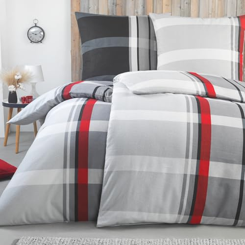 BaSaTex Biber Flanell Bettwäsche, 4tlg, 135x200 cm, Karo Grau | 100% Baumwolle, Biber Flanell Qualität, Weich, Wärmend, Reißverschluss, Öko_Tex Standard