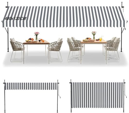 Suusolny Klemmmarkise ohne Bohren mit Handkurbel Balkonmarkise UV-Schutz Markise höhenverstellbar Sonnenschutz wasserabweisend für Balkon Terrasse Garten - GrauWeiß Gestreifter - 400x120cm