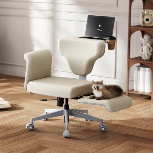 Newtral Multi-Position Criss Cross Chair with Task Tray, Adjustable Armrests, Silent Wheels, Stain-Resistant Fabric, 90°-117° Recline, Seat Depth Adjustable, for Home Work & Relax, Freedom-X, Beige