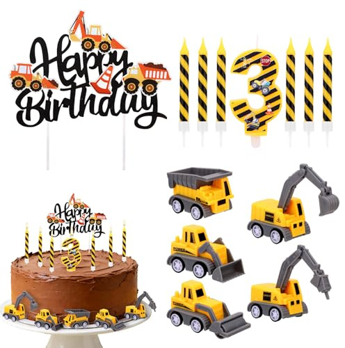 13-Teiliges Baustellen-Geburtstagskerzen-Set, Happy Birthday Zahlenkerzen Baustellen-Kuchenaufsatz Gelb-schwarz Gestreifte Kuchendekoration für Jungen-Partyartikel (Nummer 3)