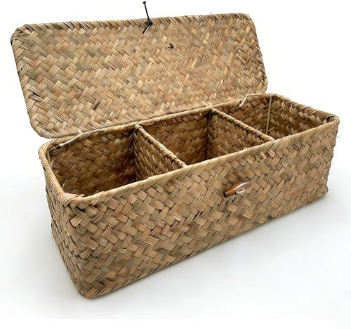 Natürlicher Seegras Aufbewahrungskorb 32.5x12x10.5cm - Rechteckiger Geflochtener Korb mit Deckel & 3 Fächern, Multifunktionaler Aufbewahrungsbox für Schlafzimmer, Badezimmer, Wohnzimmer, Café & Hotel