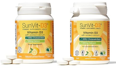 SunVit-D3 Vitamin D Bundle – 400 IU Tablets with 500mg & 600mg Calcium Lemon Chewables for Bones, Teeth, Muscles & Immune Support | 56 + 60 Tablets | Daily Wellness & Healthy Calcium Support