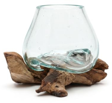 AlPa Living Windlicht Glas auf Wurzelholz – Teelichthalter aus mundgeblasenem, recyceltem Glas, handgefertigtes Unikat, ca. 14 cm, Natur-Deko für Wohnzimmer & Tisch, Japandi Boho
