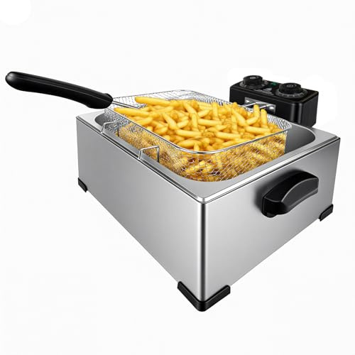 5L Deep Fat Fryer, Stainless Steel | Adjustable Temperature 150–190°C | Removable Oil Container | Viewing Window Lid | 2000W Electric Fryer for Chips, Chicken, Seafood & More (5L)