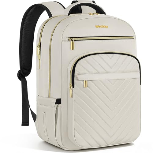 LASUK Travel Laptop Backpack for Women Men, 17.3 inch, Beige | Fashion Laptop Rucksack, Large Work Computer Backpack, Water Resistant, School Bag for College, Office, Business