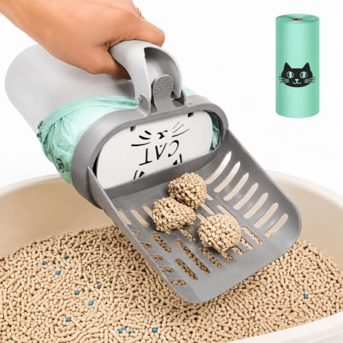 Pelle à Litière Chat avec Réservoir Intégré et Clapet - Pelle Filtrante avec Bac de Collecte et 1 Rouleau de Sacs Inclus - Nettoyage Rapide et Hygiénique des Litières Agglomérantes