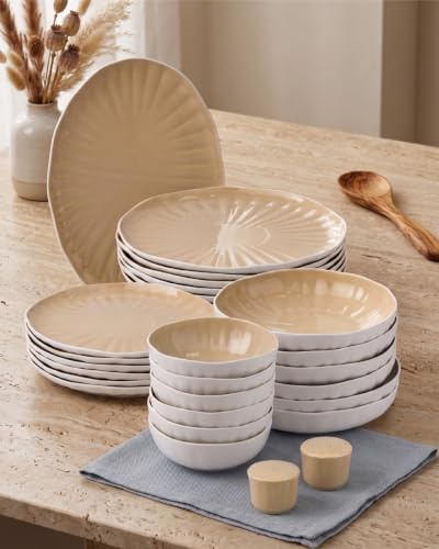 BRICARD Remy Servizio Piatti 27 Pezzi -Set Piatti 6 Persone Bianco-Tortora. Piatti Porcellana con Ciotole, Sale/Pepe e Piatto Ovale, Piatti Moderni e Piatti Colorati,per Lavastoviglie, Microonde,Forno