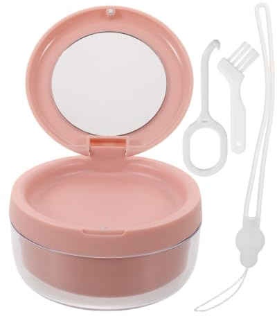 Toddmomy 1 Set Denture Bath Cup with Brush - Plastic Leakproof Retainer Case Holder - False Teeth & Brace Appliance Box with Mirror & Strainer Basket for Outdoor Travel, Pink