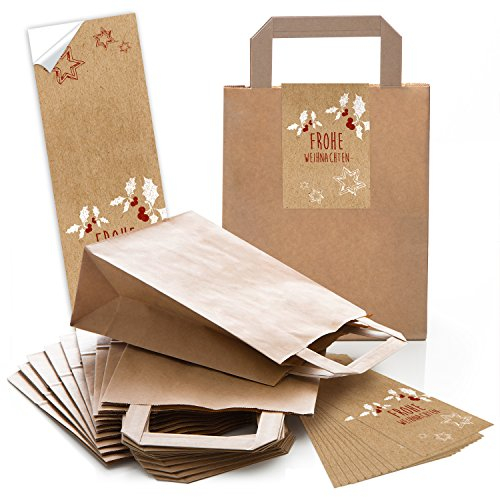 Logbuch-Verlag 10 Frohe Weihnachten Geschenktüten 18 x 8 x 22 cm - Papiertaschen mit Weihnachtsaufkleber - Verpackung Kundengeschenke