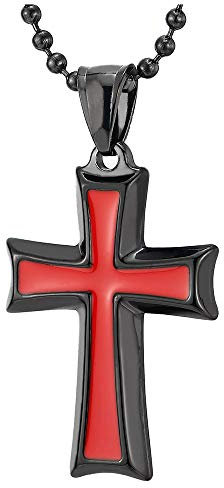COOLSTEELANDBEYOND Herren Damen Edelstahl-Halskette Schwarzer Kreuz Anhänger mit Rot Emaille, 60CM Stahl Kugelkette