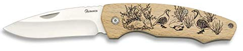 Navaja con grabado PERDICES Cacha Madera Hoja 7,5 cm para Caza, Pesca, Camping, Outdoor, Supervivencia y Bushcraft Albainox 19875GR574 + Portabotellas de regalo