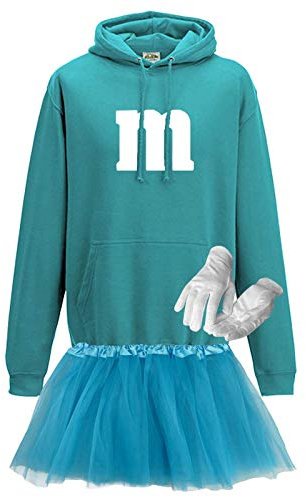 Jimmys Textilfactory Hoodie M&M Karneval Kostüm Set mit Tütü XS-5XL Herren Verkleidung Tütü Gruppenkostüm Partner Familie Fasching, Größe:S, Farbe:türkis - Logo weiss (+Handschuhe weiss/Tütü türkis)